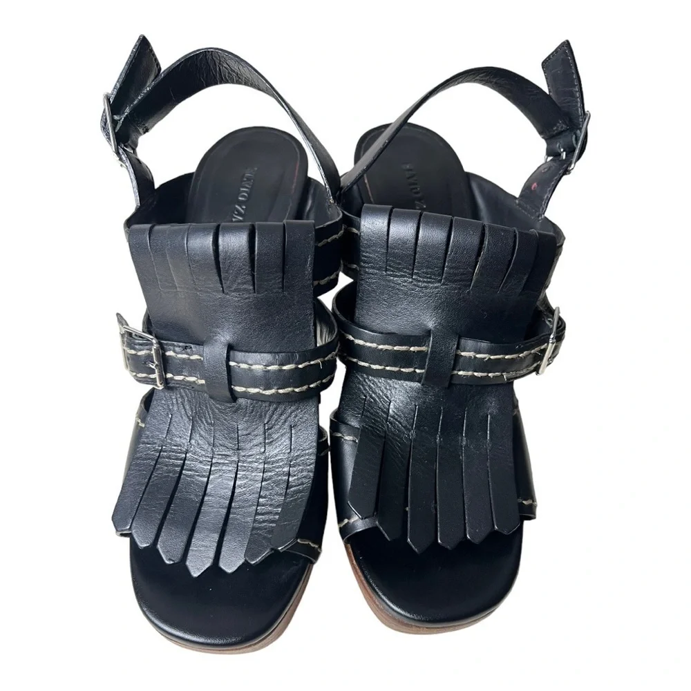 Elvio Zanon Black Leather Fringe Style Heel Platform Sandals Size 39 (US 8.5)